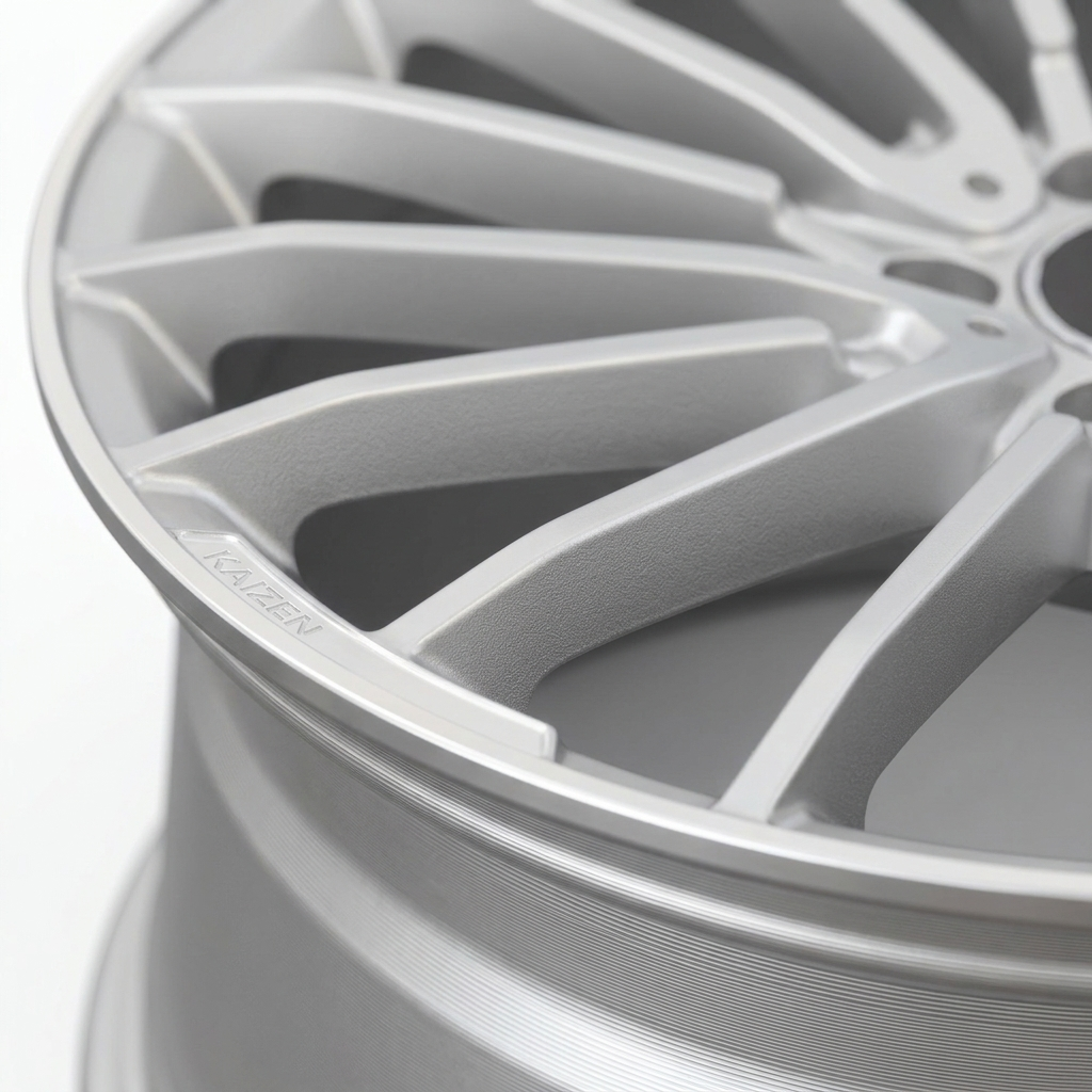 Close macro shot of a Kaizen cast alloy wheel showing surface finish detail