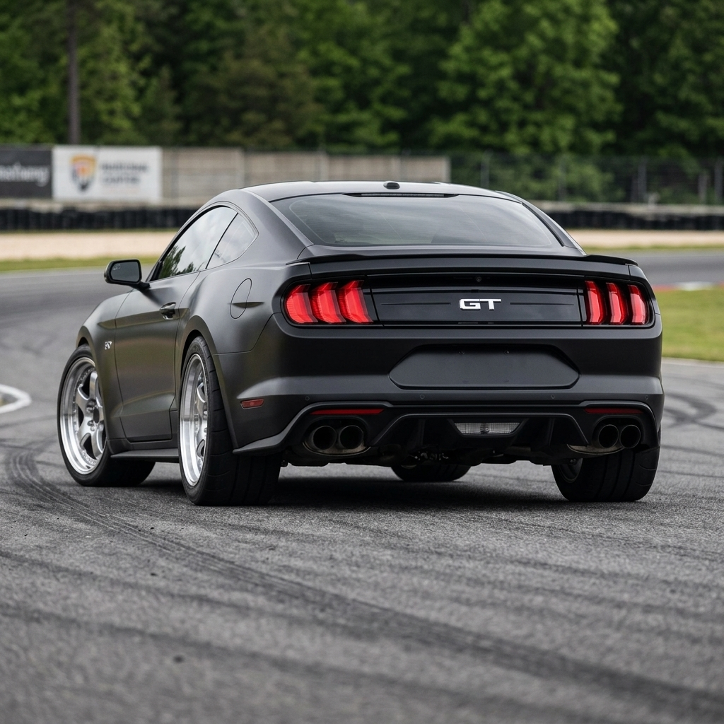 Ford Mustang GT from behind showing staggered Kaizen wheel fitment