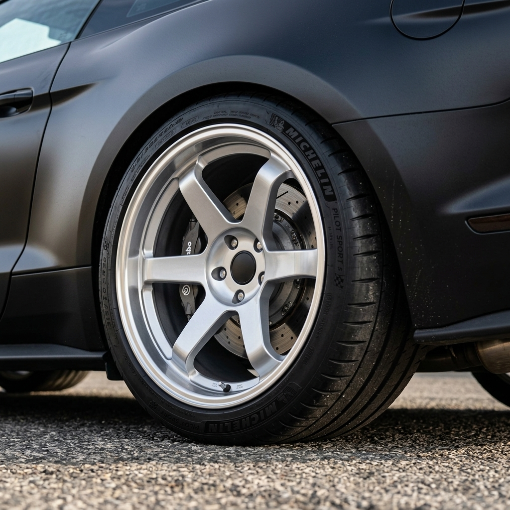 Close-up of wide rear Kaizen wheel on Ford Mustang GT showing tyre width