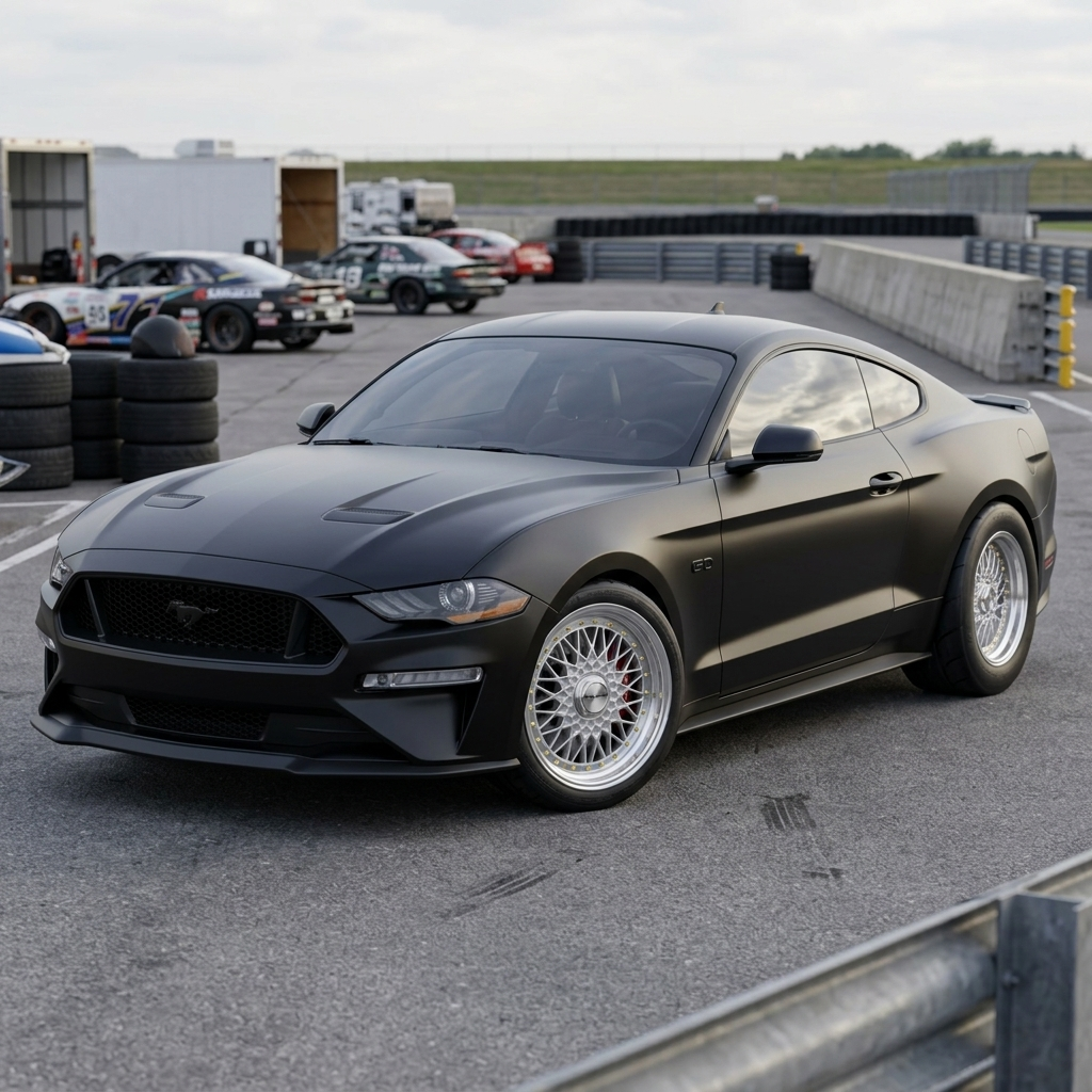 Ford Mustang GT with staggered Kaizen wheels showing wider rear vs narrower front
