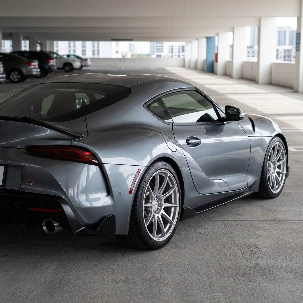 Toyota GR Supra rear three-quarter view fitted with Kaizen aftermarket wheels