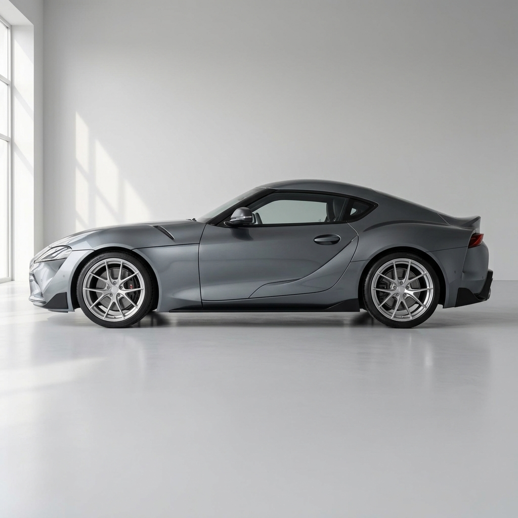 Toyota GR Supra side profile fitted with Kaizen aftermarket alloy wheels