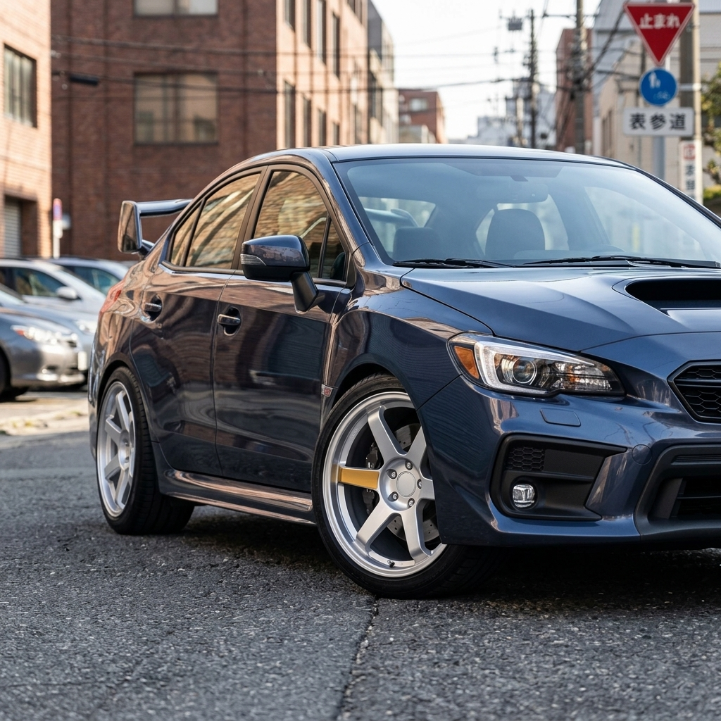 Subaru WRX STI front three-quarter view fitted with Kaizen aftermarket wheels