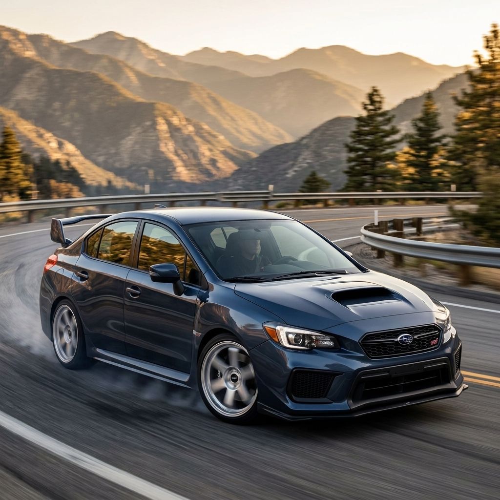 Subaru WRX STI on mountain road fitted with Kaizen aftermarket wheels