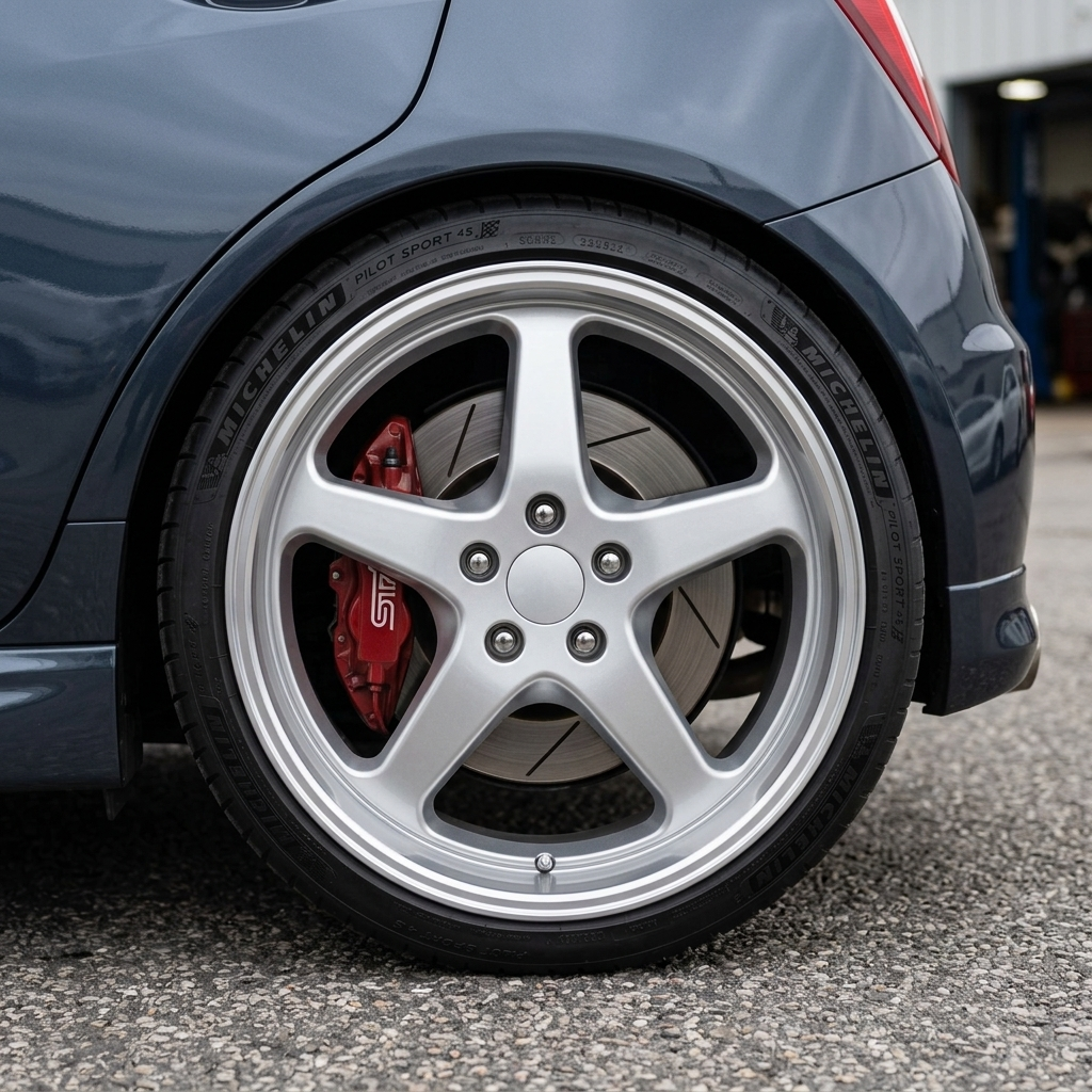 Close-up of Kaizen wheel on Subaru WRX STI rear wheel arch