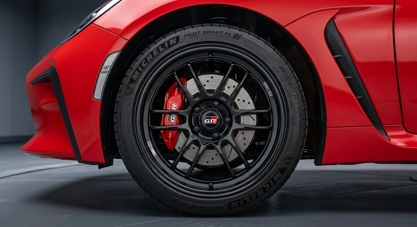 Aftermarket alloy wheel on Toyota GR86 — multi-spoke design with aggressive fitment