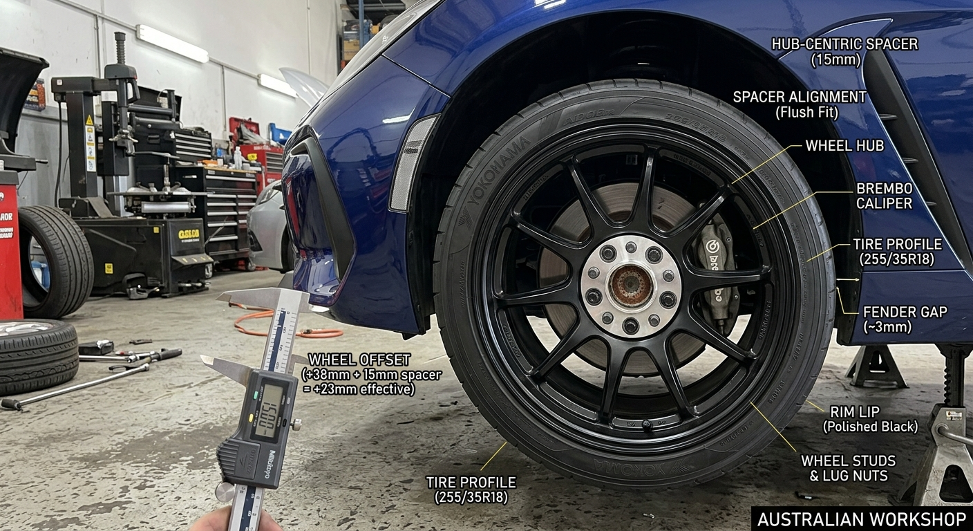 Wheel offset fitment diagram for Subaru BRZ showing hub-centric alignment and rim lip clearance