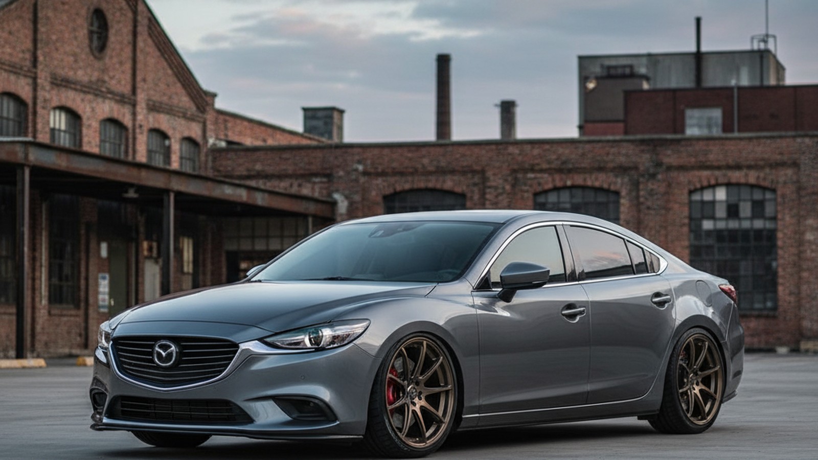 Mazda 6 on custom aftermarket wheels, front three-quarter view