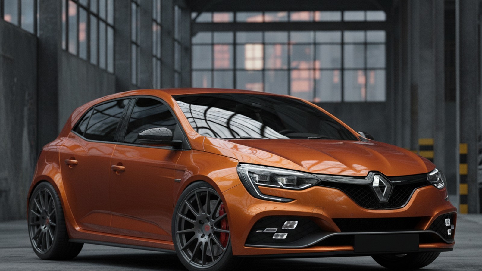 Renault Megane RS on custom aftermarket wheels, front three-quarter view