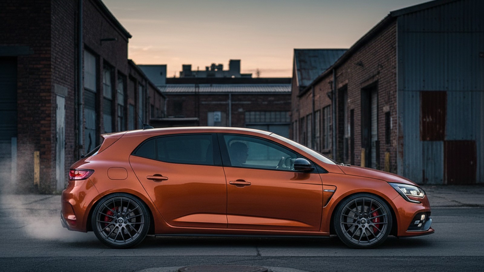 Renault Megane RS on custom aftermarket wheels, front three-quarter view