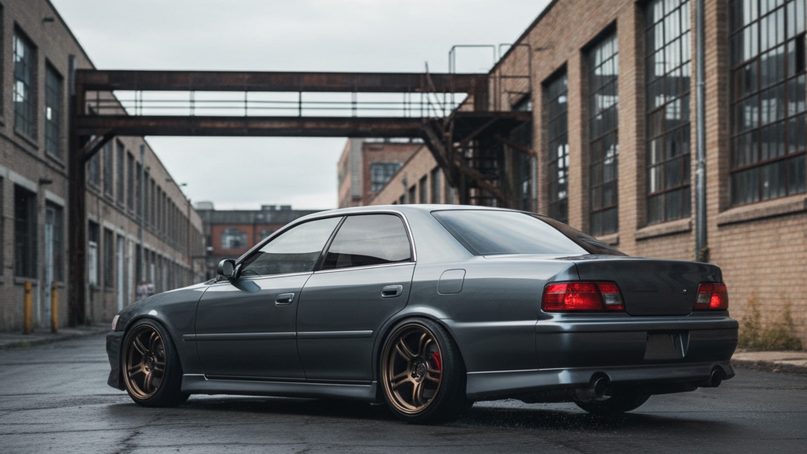 Toyota Chaser / Mark II on custom aftermarket wheels, rear three-quarter or rolling side profile