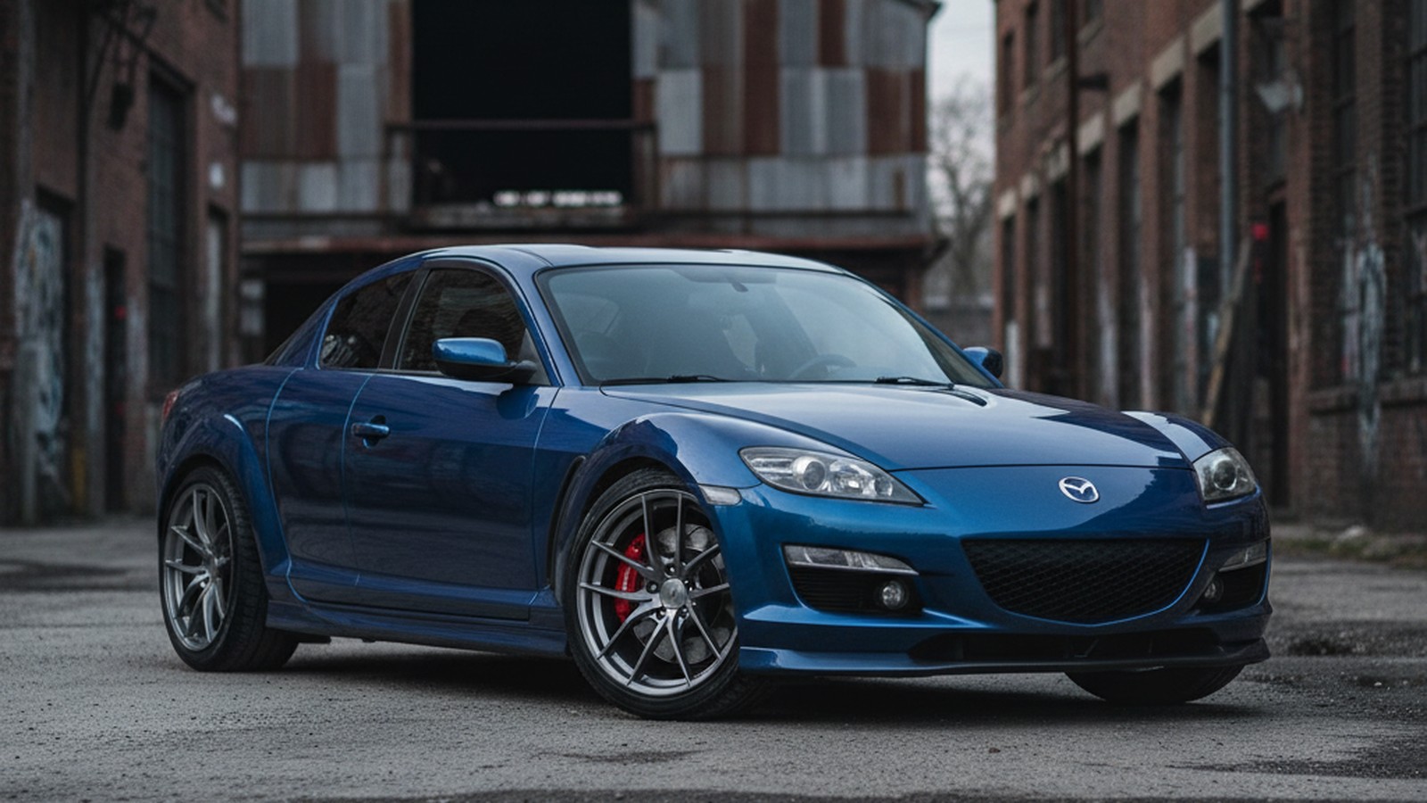 Mazda RX-8 on custom aftermarket wheels, front three-quarter view