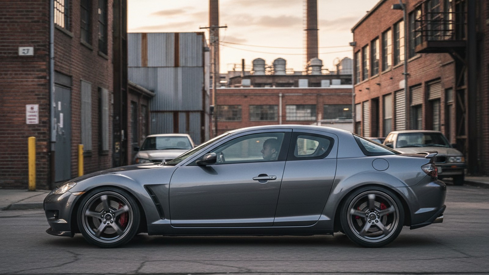 Mazda RX-8 on custom aftermarket wheels, front three-quarter view